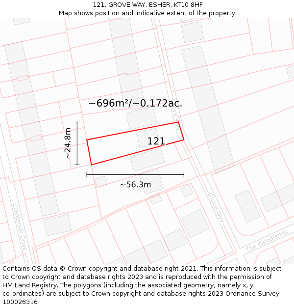 121, GROVE WAY, ESHER, KT10 8HF: Plot and title map