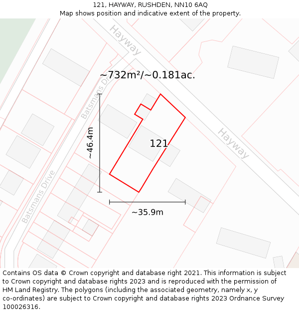 121, HAYWAY, RUSHDEN, NN10 6AQ: Plot and title map