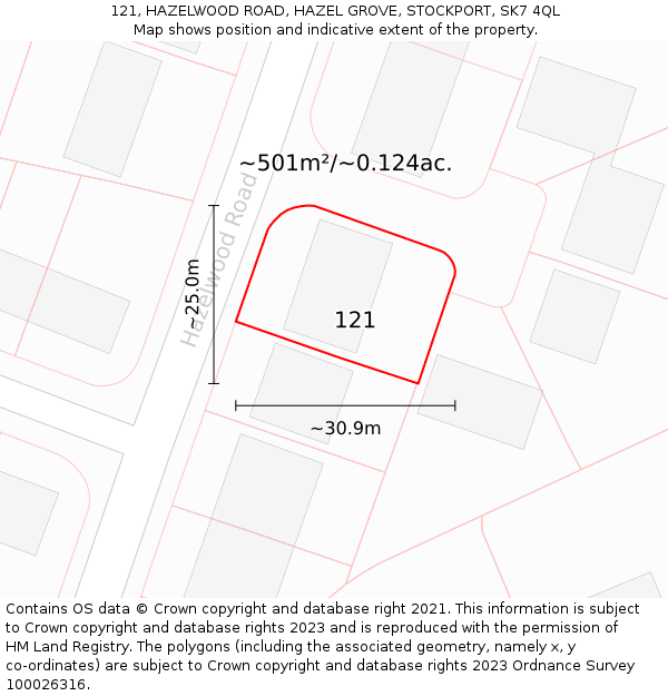 121, HAZELWOOD ROAD, HAZEL GROVE, STOCKPORT, SK7 4QL: Plot and title map