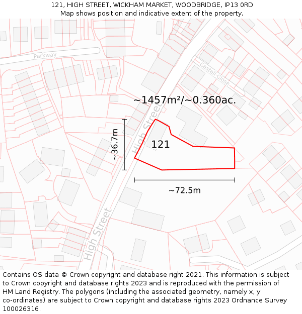 121, HIGH STREET, WICKHAM MARKET, WOODBRIDGE, IP13 0RD: Plot and title map
