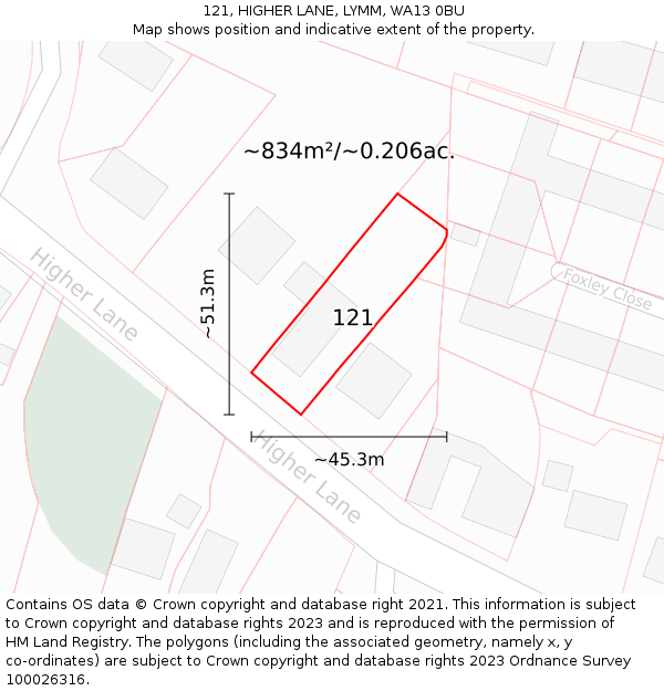 121, HIGHER LANE, LYMM, WA13 0BU: Plot and title map