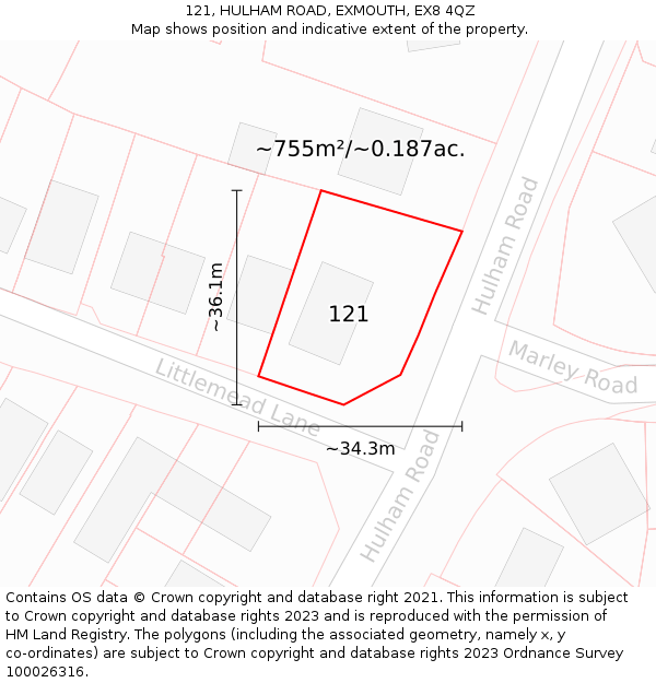 121, HULHAM ROAD, EXMOUTH, EX8 4QZ: Plot and title map