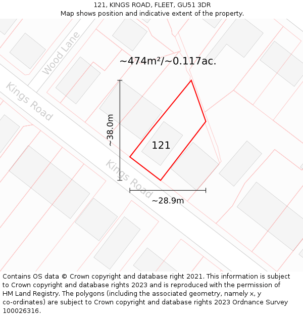 121, KINGS ROAD, FLEET, GU51 3DR: Plot and title map