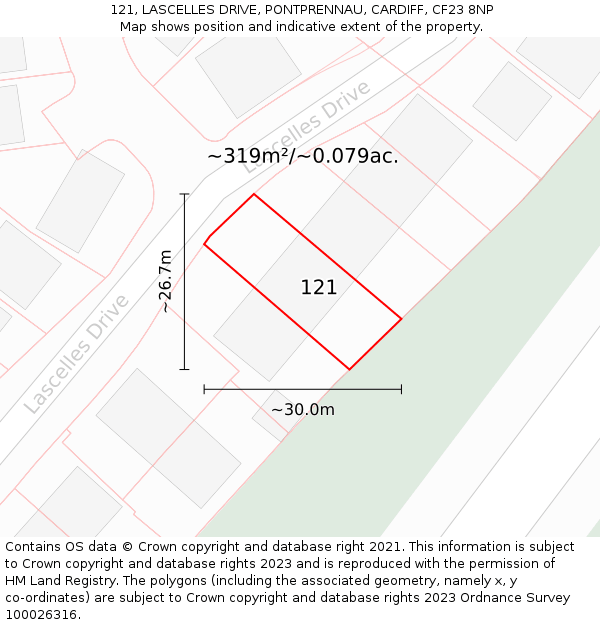 121, LASCELLES DRIVE, PONTPRENNAU, CARDIFF, CF23 8NP: Plot and title map