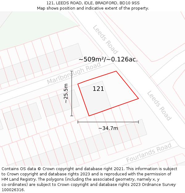 121, LEEDS ROAD, IDLE, BRADFORD, BD10 9SS: Plot and title map