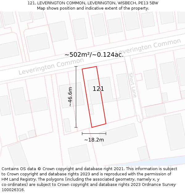 121, LEVERINGTON COMMON, LEVERINGTON, WISBECH, PE13 5BW: Plot and title map