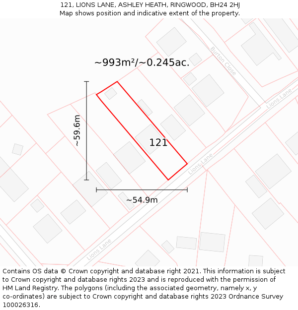 121, LIONS LANE, ASHLEY HEATH, RINGWOOD, BH24 2HJ: Plot and title map