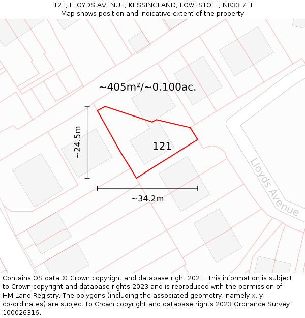 121, LLOYDS AVENUE, KESSINGLAND, LOWESTOFT, NR33 7TT: Plot and title map