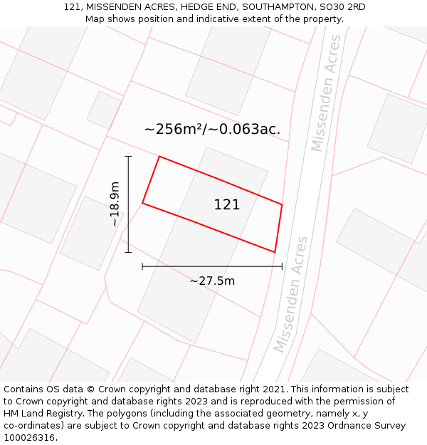 121, MISSENDEN ACRES, HEDGE END, SOUTHAMPTON, SO30 2RD: Plot and title map