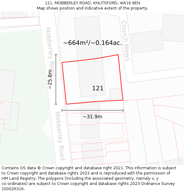 121, MOBBERLEY ROAD, KNUTSFORD, WA16 8EN: Plot and title map