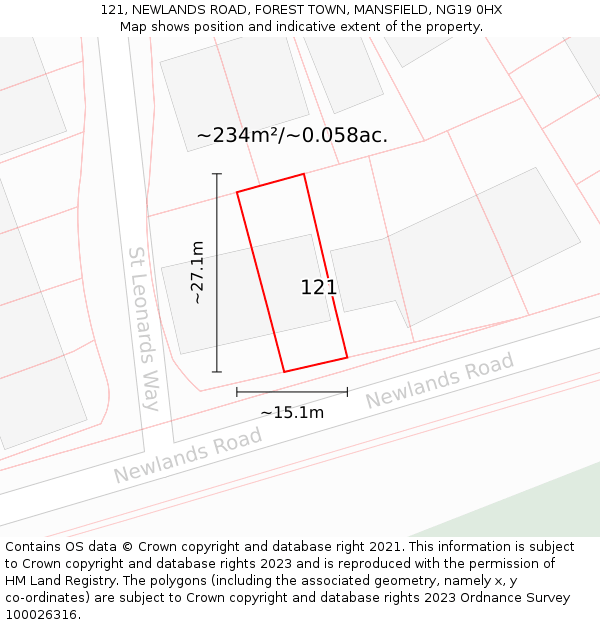 121, NEWLANDS ROAD, FOREST TOWN, MANSFIELD, NG19 0HX: Plot and title map