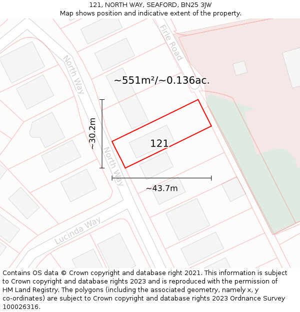 121, NORTH WAY, SEAFORD, BN25 3JW: Plot and title map