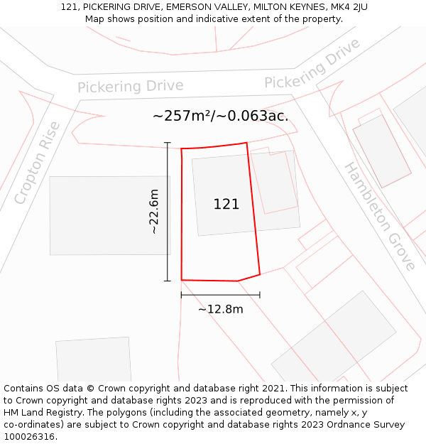 121, PICKERING DRIVE, EMERSON VALLEY, MILTON KEYNES, MK4 2JU: Plot and title map