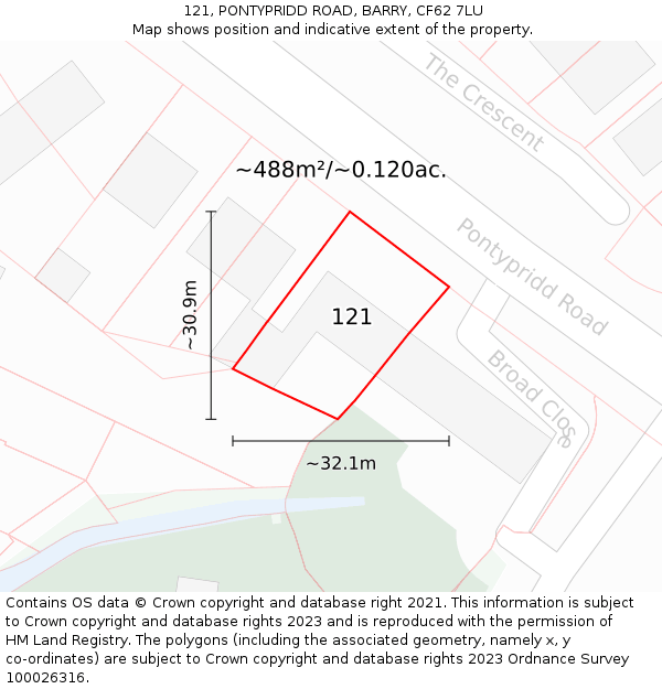 121, PONTYPRIDD ROAD, BARRY, CF62 7LU: Plot and title map