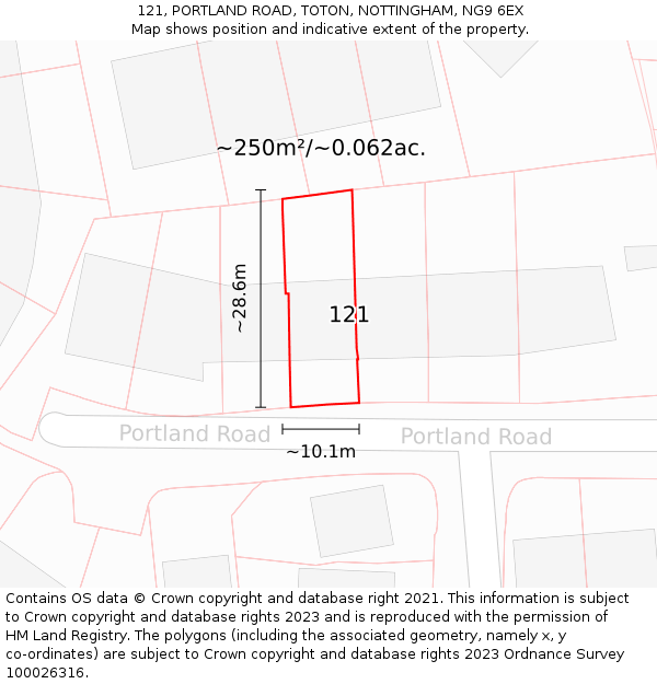 121, PORTLAND ROAD, TOTON, NOTTINGHAM, NG9 6EX: Plot and title map