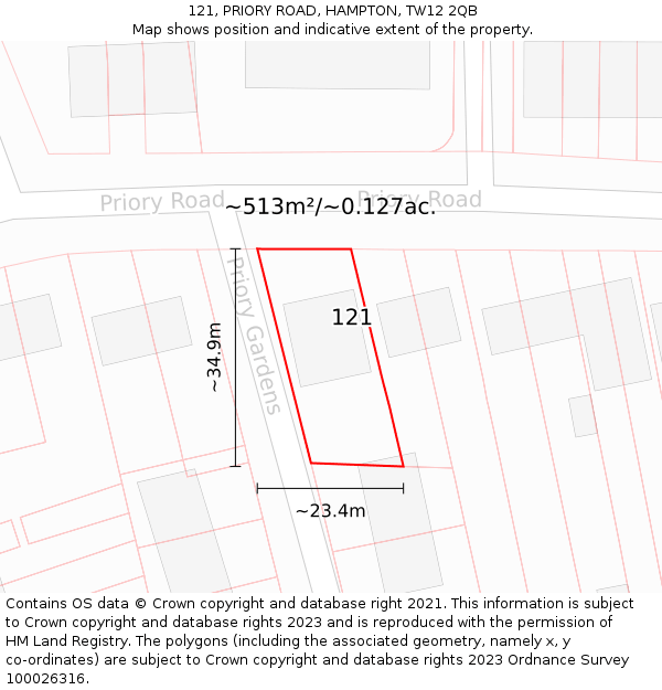 121, PRIORY ROAD, HAMPTON, TW12 2QB: Plot and title map