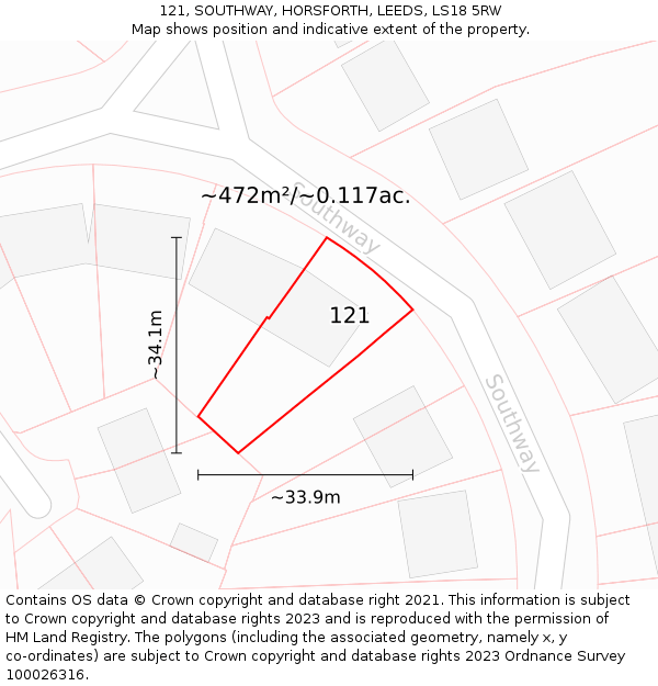 121, SOUTHWAY, HORSFORTH, LEEDS, LS18 5RW: Plot and title map