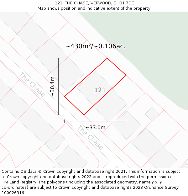 121, THE CHASE, VERWOOD, BH31 7DE: Plot and title map
