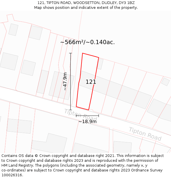 121, TIPTON ROAD, WOODSETTON, DUDLEY, DY3 1BZ: Plot and title map