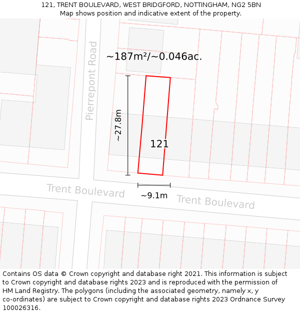 121, TRENT BOULEVARD, WEST BRIDGFORD, NOTTINGHAM, NG2 5BN: Plot and title map