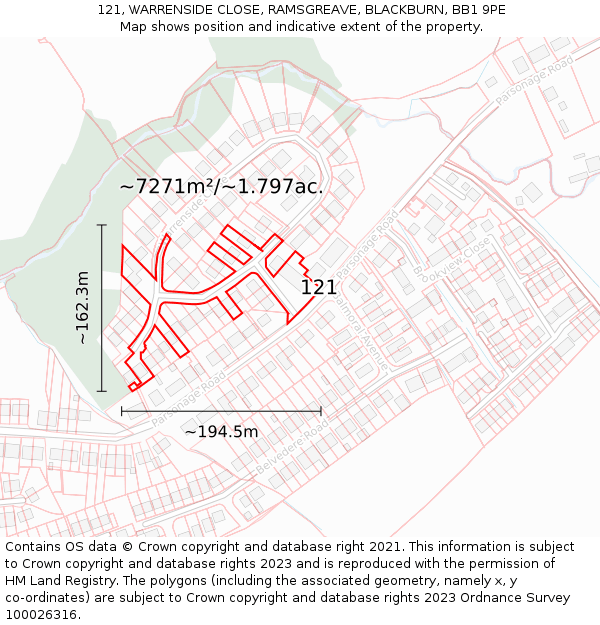 121, WARRENSIDE CLOSE, RAMSGREAVE, BLACKBURN, BB1 9PE: Plot and title map