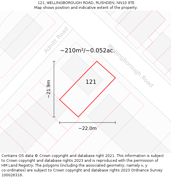 121, WELLINGBOROUGH ROAD, RUSHDEN, NN10 9TE: Plot and title map