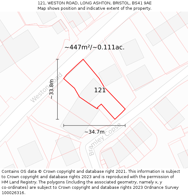 121, WESTON ROAD, LONG ASHTON, BRISTOL, BS41 9AE: Plot and title map