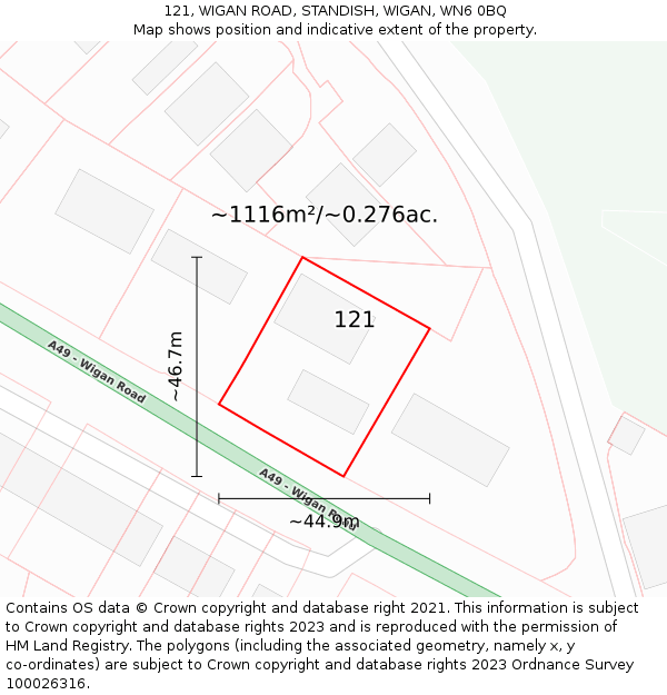 121, WIGAN ROAD, STANDISH, WIGAN, WN6 0BQ: Plot and title map