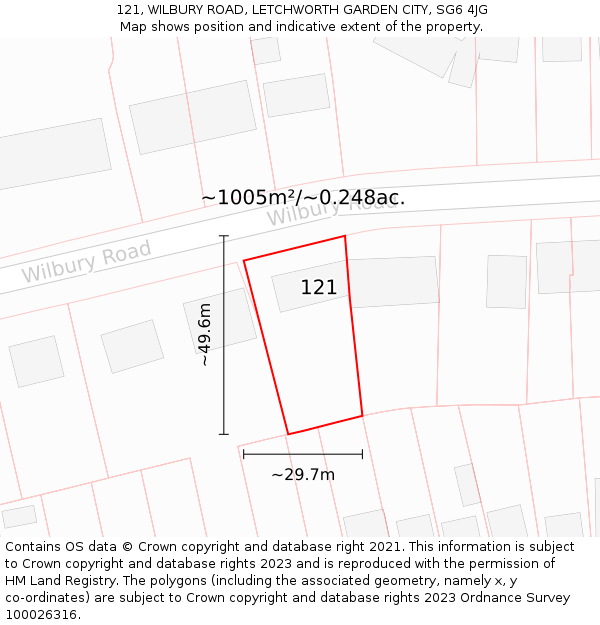 121, WILBURY ROAD, LETCHWORTH GARDEN CITY, SG6 4JG: Plot and title map