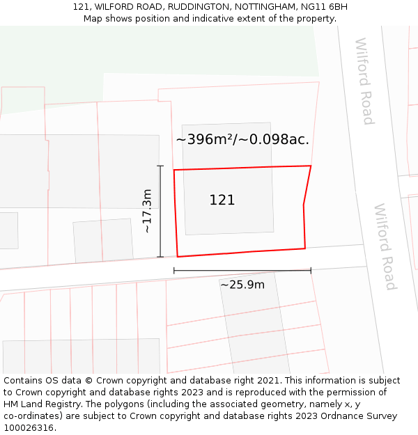 121, WILFORD ROAD, RUDDINGTON, NOTTINGHAM, NG11 6BH: Plot and title map