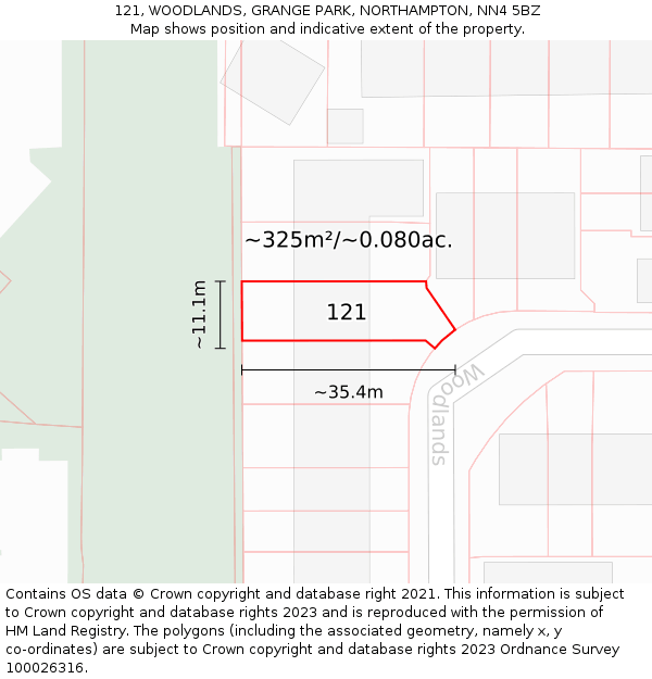 121, WOODLANDS, GRANGE PARK, NORTHAMPTON, NN4 5BZ: Plot and title map