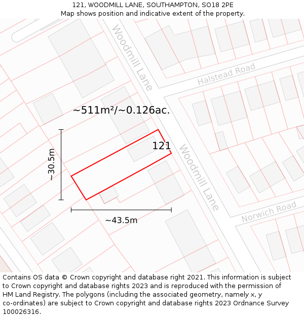 121, WOODMILL LANE, SOUTHAMPTON, SO18 2PE: Plot and title map