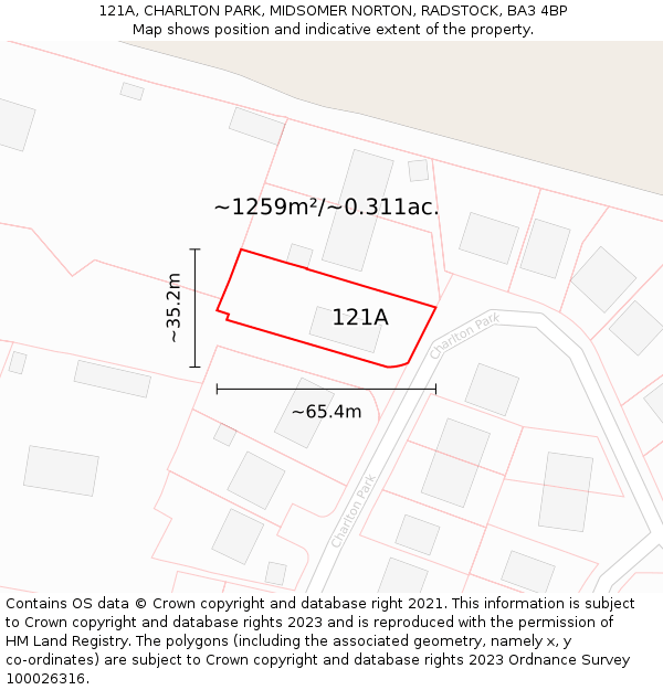 121A, CHARLTON PARK, MIDSOMER NORTON, RADSTOCK, BA3 4BP: Plot and title map