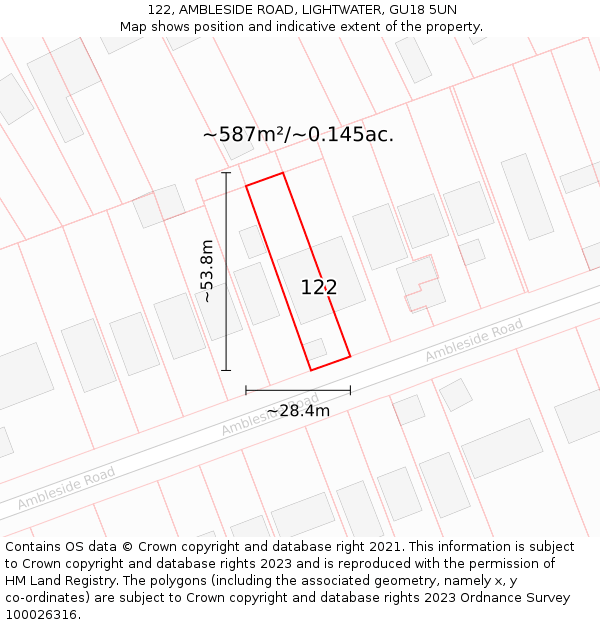 122, AMBLESIDE ROAD, LIGHTWATER, GU18 5UN: Plot and title map