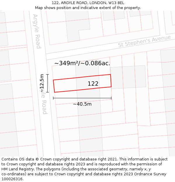 122, ARGYLE ROAD, LONDON, W13 8EL: Plot and title map