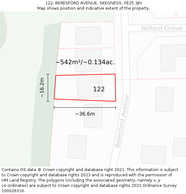 122, BERESFORD AVENUE, SKEGNESS, PE25 3JN: Plot and title map