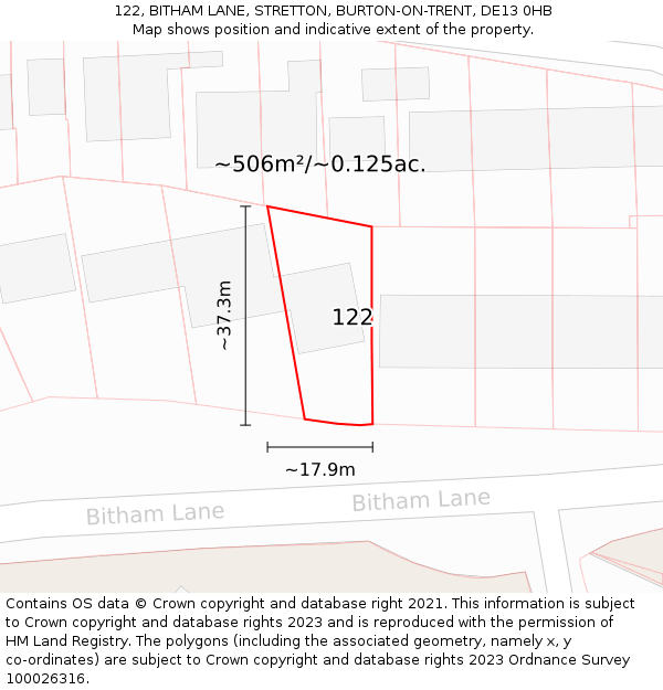 122, BITHAM LANE, STRETTON, BURTON-ON-TRENT, DE13 0HB: Plot and title map