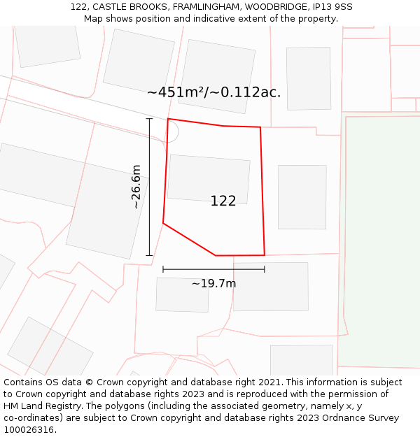 122, CASTLE BROOKS, FRAMLINGHAM, WOODBRIDGE, IP13 9SS: Plot and title map