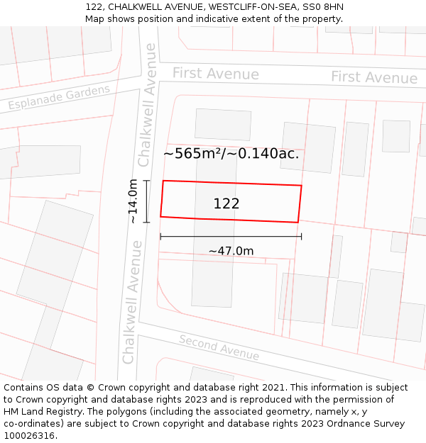 122, CHALKWELL AVENUE, WESTCLIFF-ON-SEA, SS0 8HN: Plot and title map