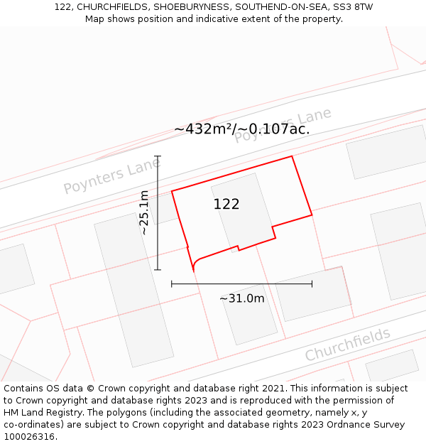 122, CHURCHFIELDS, SHOEBURYNESS, SOUTHEND-ON-SEA, SS3 8TW: Plot and title map