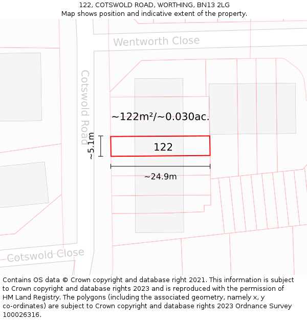 122, COTSWOLD ROAD, WORTHING, BN13 2LG: Plot and title map
