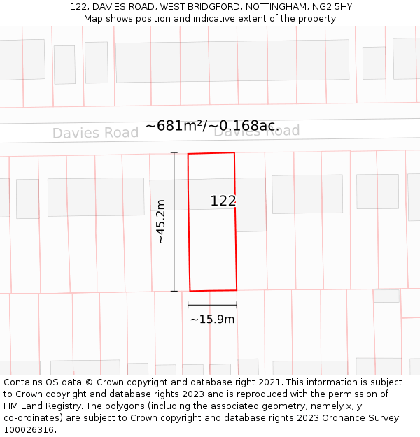 122, DAVIES ROAD, WEST BRIDGFORD, NOTTINGHAM, NG2 5HY: Plot and title map