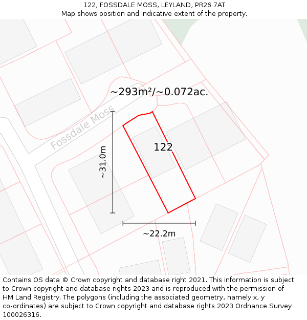 122, FOSSDALE MOSS, LEYLAND, PR26 7AT: Plot and title map