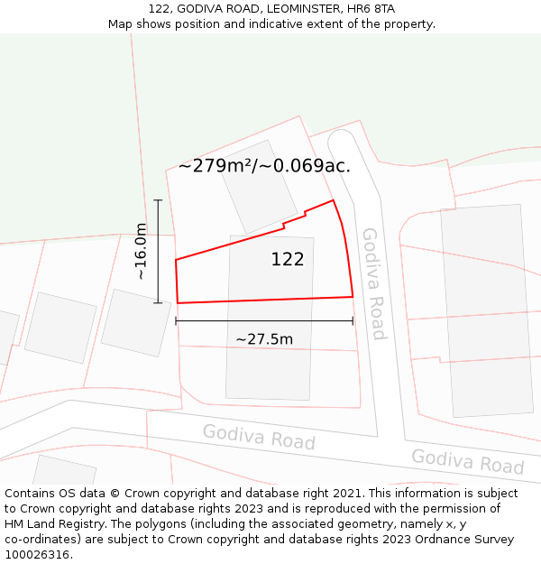 122, GODIVA ROAD, LEOMINSTER, HR6 8TA: Plot and title map