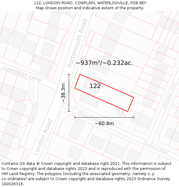 122, LONDON ROAD, COWPLAIN, WATERLOOVILLE, PO8 8EY: Plot and title map