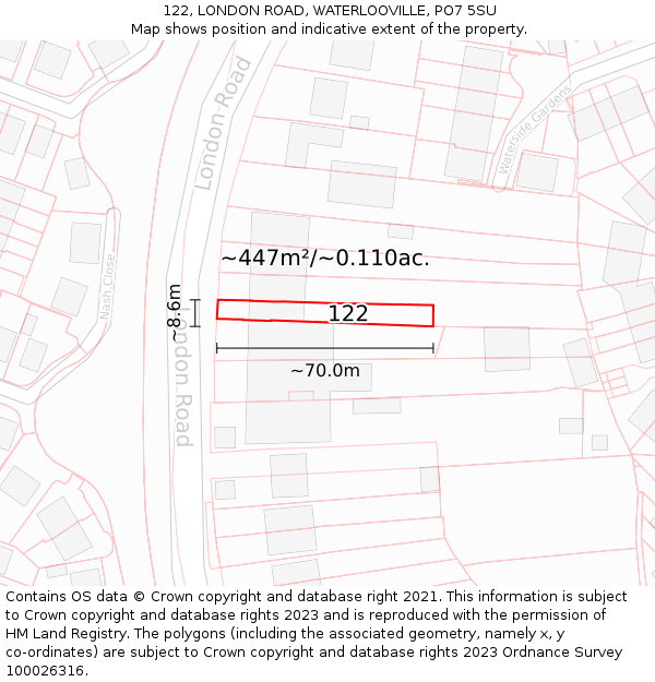 122, LONDON ROAD, WATERLOOVILLE, PO7 5SU: Plot and title map