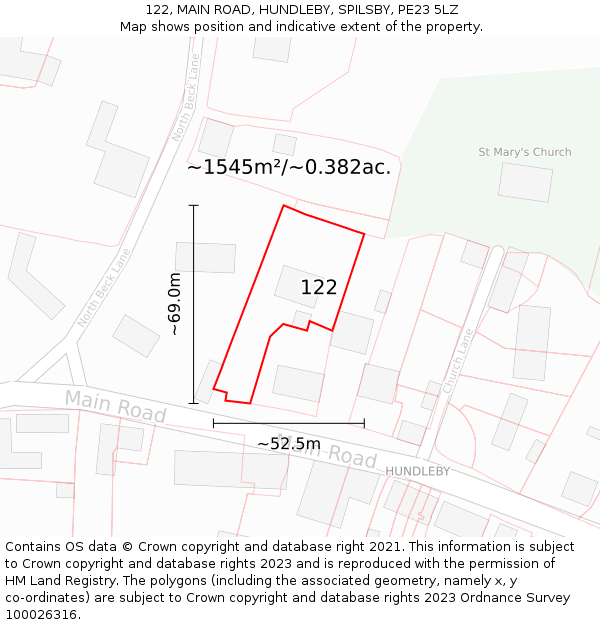 122, MAIN ROAD, HUNDLEBY, SPILSBY, PE23 5LZ: Plot and title map