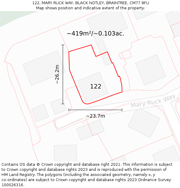 122, MARY RUCK WAY, BLACK NOTLEY, BRAINTREE, CM77 8FU: Plot and title map