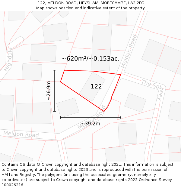 122, MELDON ROAD, HEYSHAM, MORECAMBE, LA3 2FG: Plot and title map