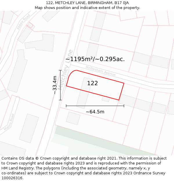 122, METCHLEY LANE, BIRMINGHAM, B17 0JA: Plot and title map